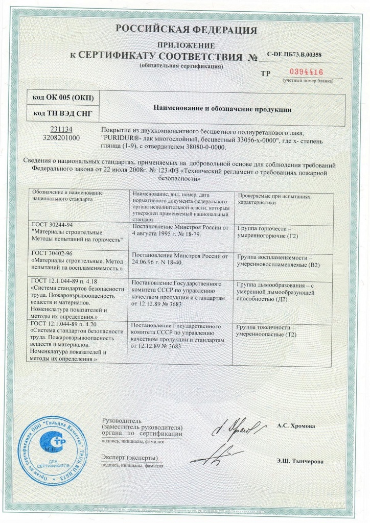 Сертификат трудновоспламеняемости лака PURIDUR 33056-х-0000 Votteler (3)..jpg